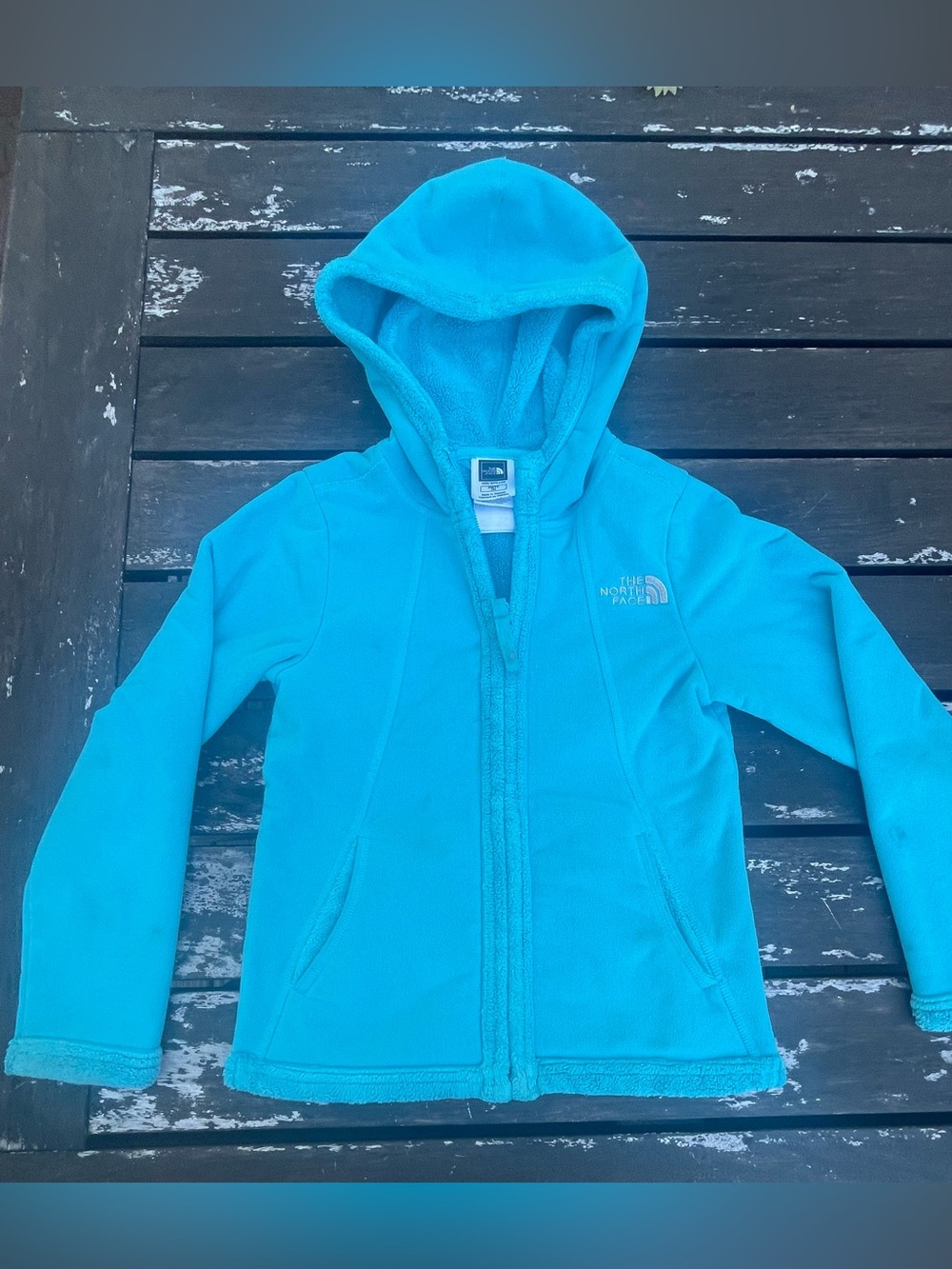 Girls North Face Fleece Hooded Zip Up Jacket Teal Blue Size XS(6)